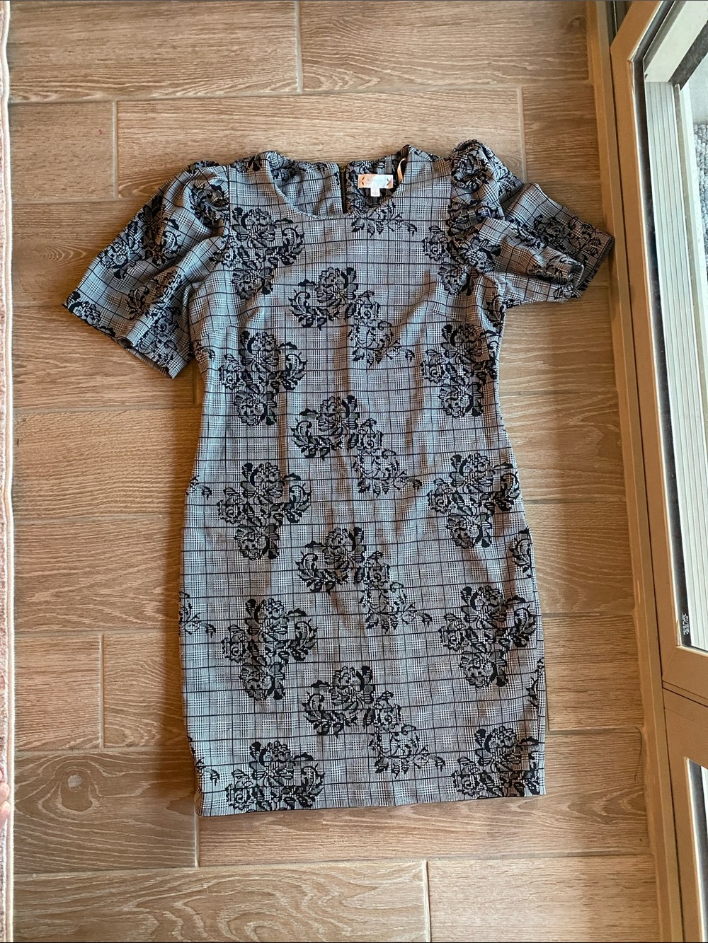 Nannette Grey Plaid Dress with Black Floral Burnout